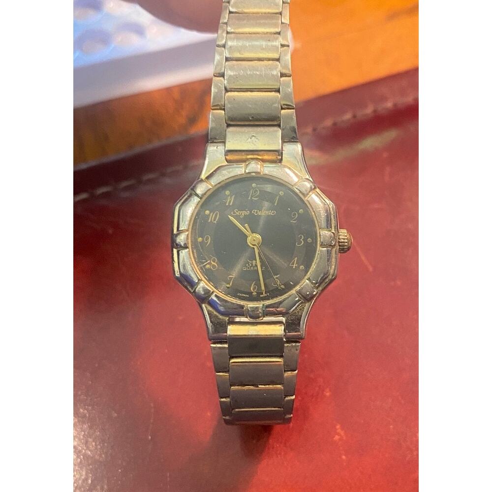 VTG Sergio Valente Watch, Gold Tone with Black Face